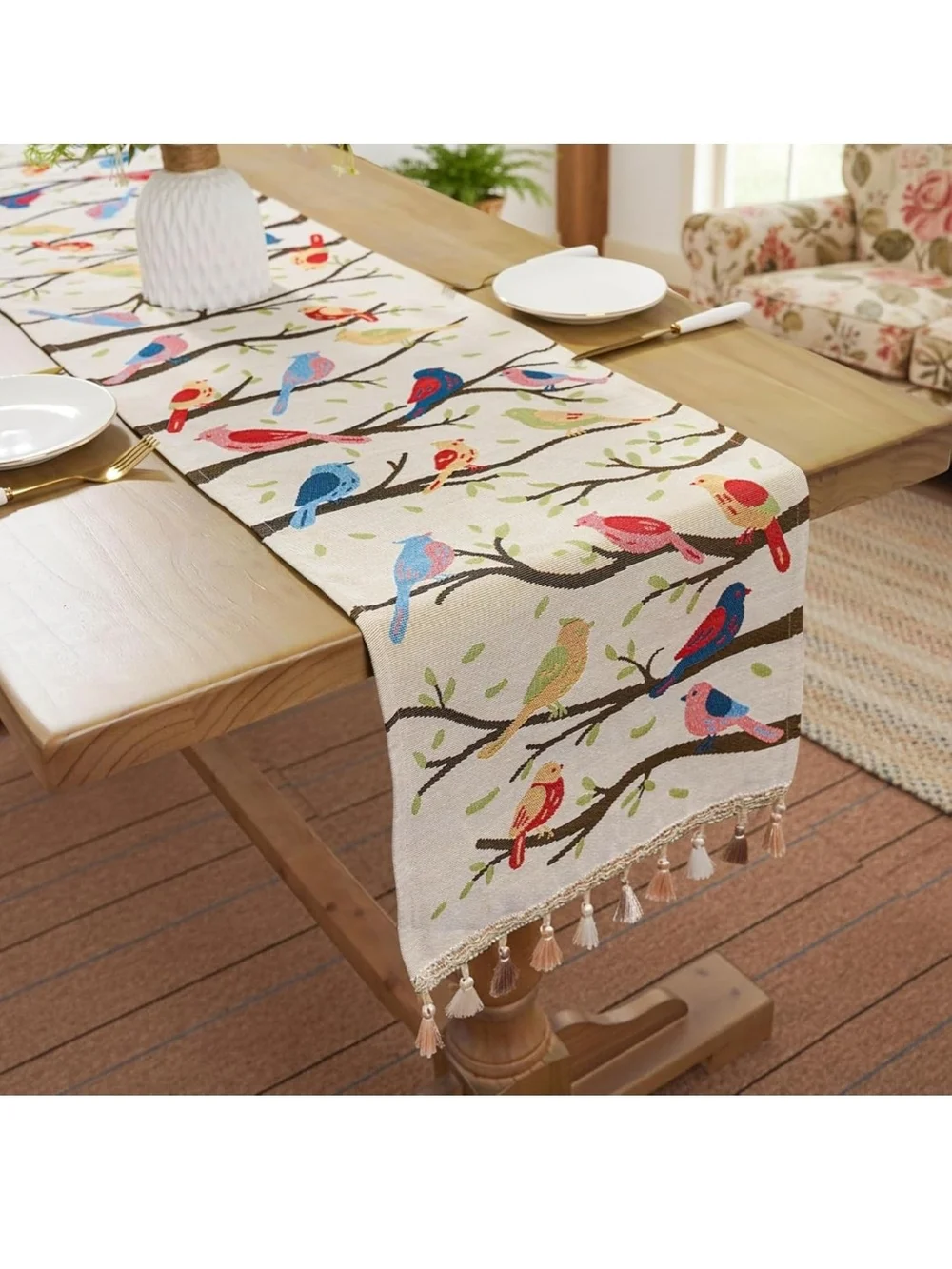 Decorative Bird Print Table Runner with Tassels - Cream Multicolor